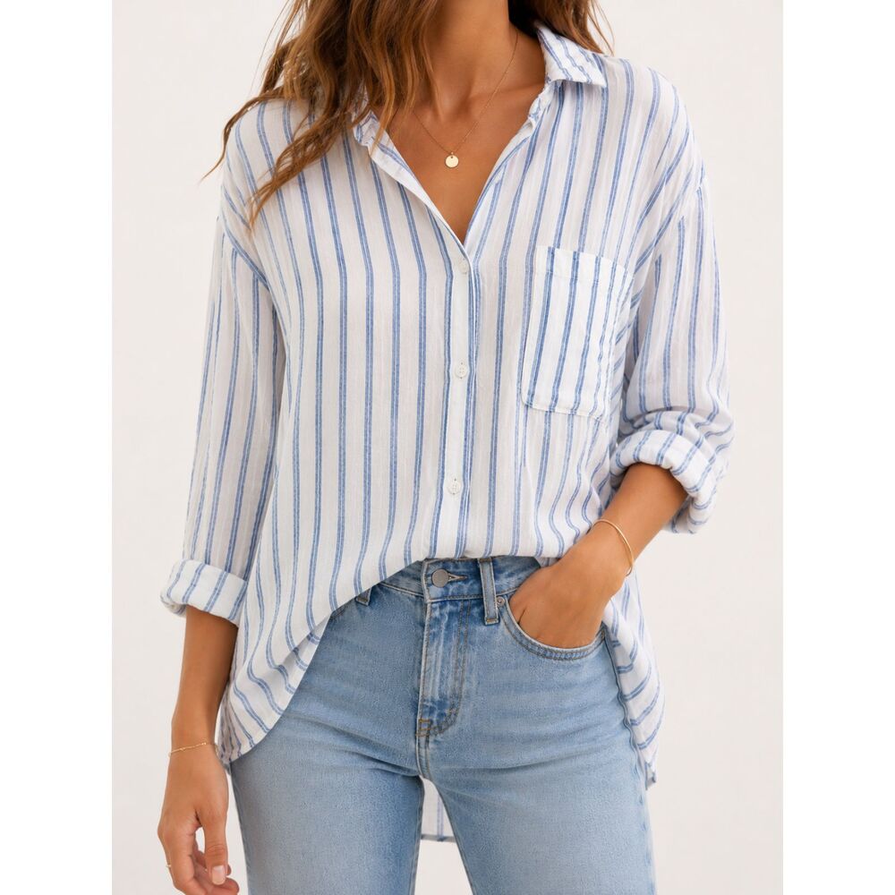 American Eagle XL Blue White Striped 100% Viscose Button Up Shirt Boho Coastal